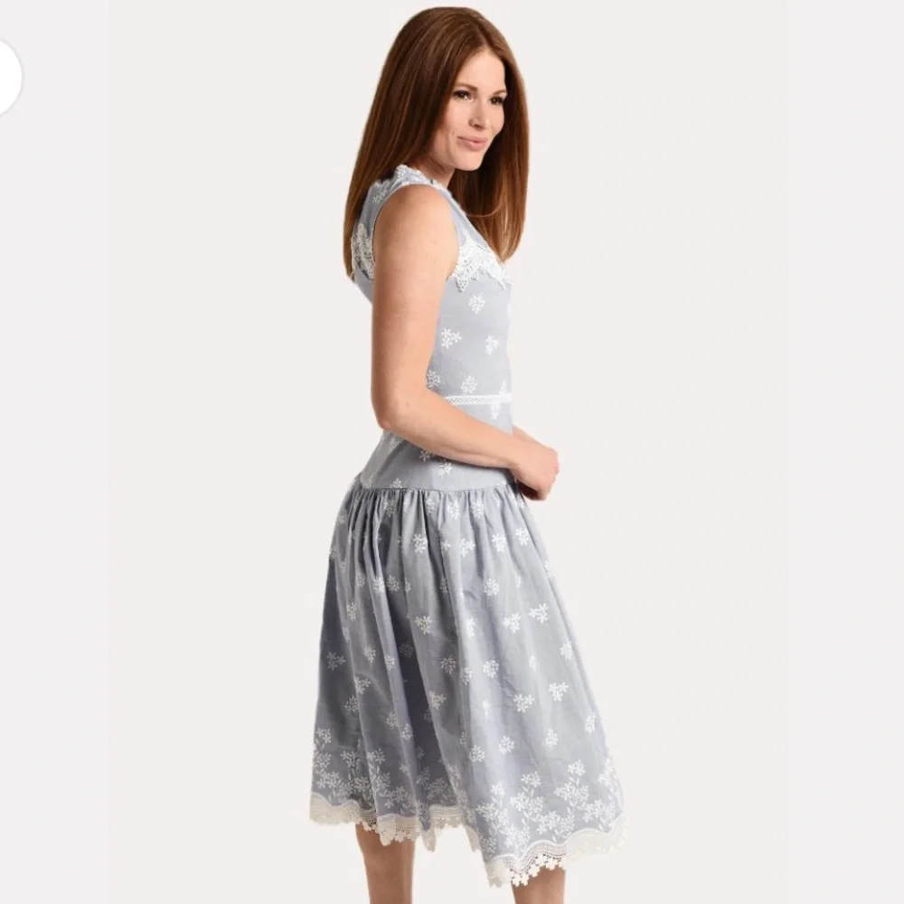 Monique Lhuillier Blue Sleeveless Embroidered Lace Poplin Midi Dress Size 14 - Picture 4 of 16
